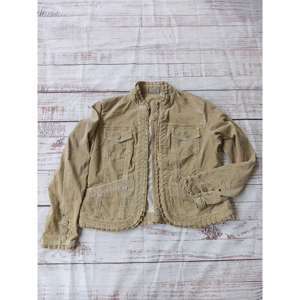 Chico's Jacket Women's 1/M Tan Corduroy Casual Pockets Open Front Cotton Blend